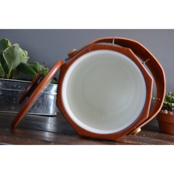 Ice Bucket Utensil Hooks Octagonal Tan Leatherette Vegan Leather mad men barware - Picture 5 of 5